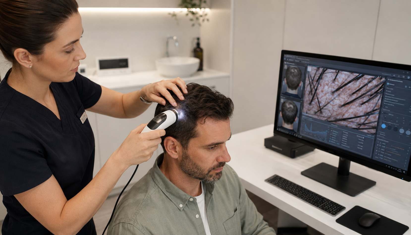A qualified clinician performing a scalp and hair-follicle analysis before PRP hair loss treatment at Advanced Dermatology
